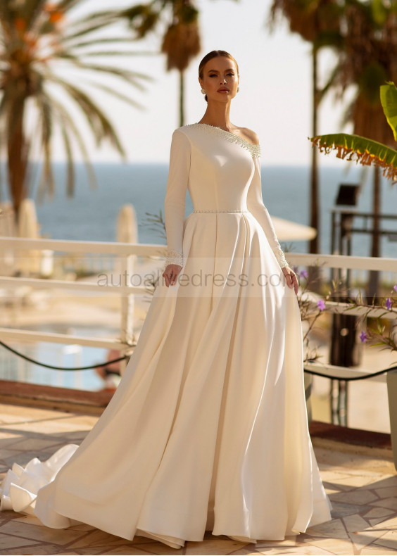 Long Sleeves Pearl Beaded Ivory Satin Modest Wedding Dress